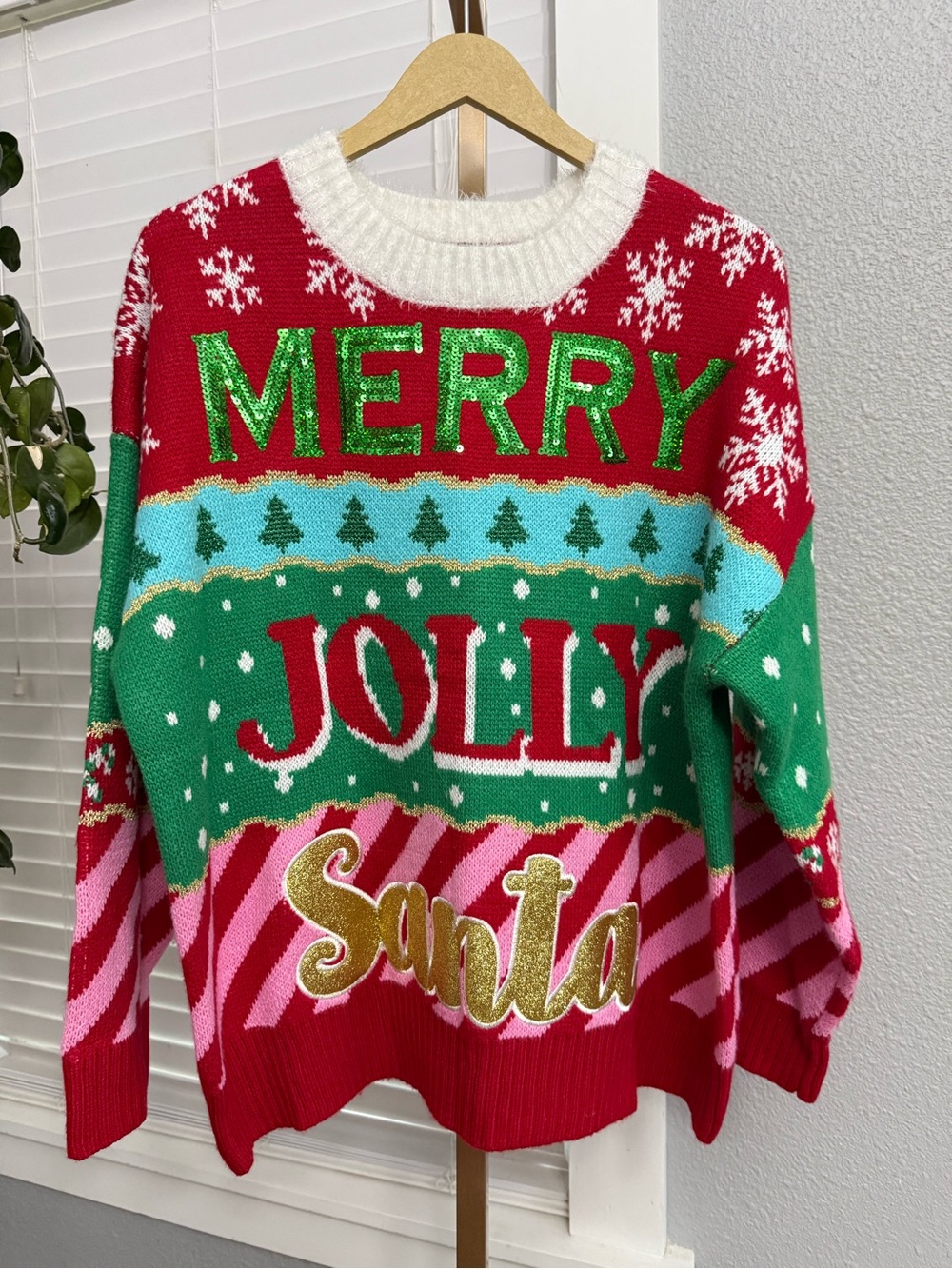 Merry Jolly Santa Christmas Sweater - Red/Green Size Medium